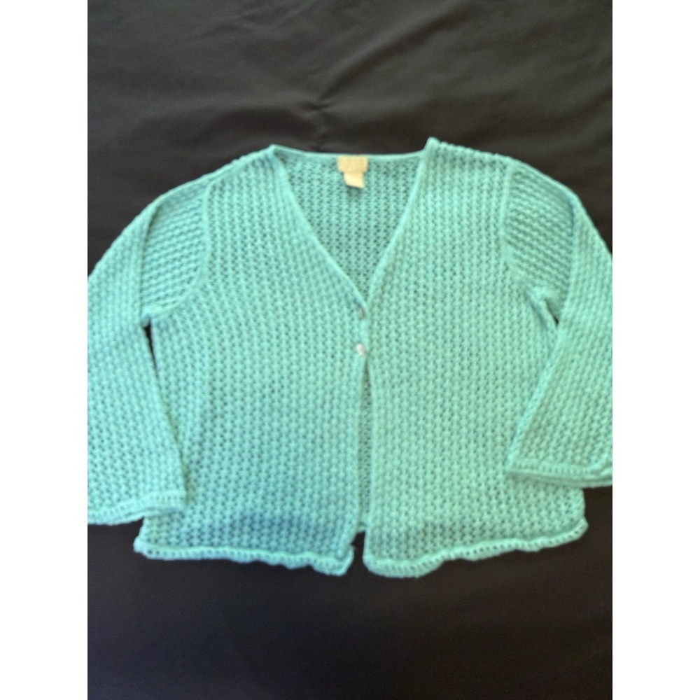 Sigrid Olsen Cardigan Sweater~L~Turquoise Crochet Knit Linen Bld 2 Button Resort - Picture 7 of 15